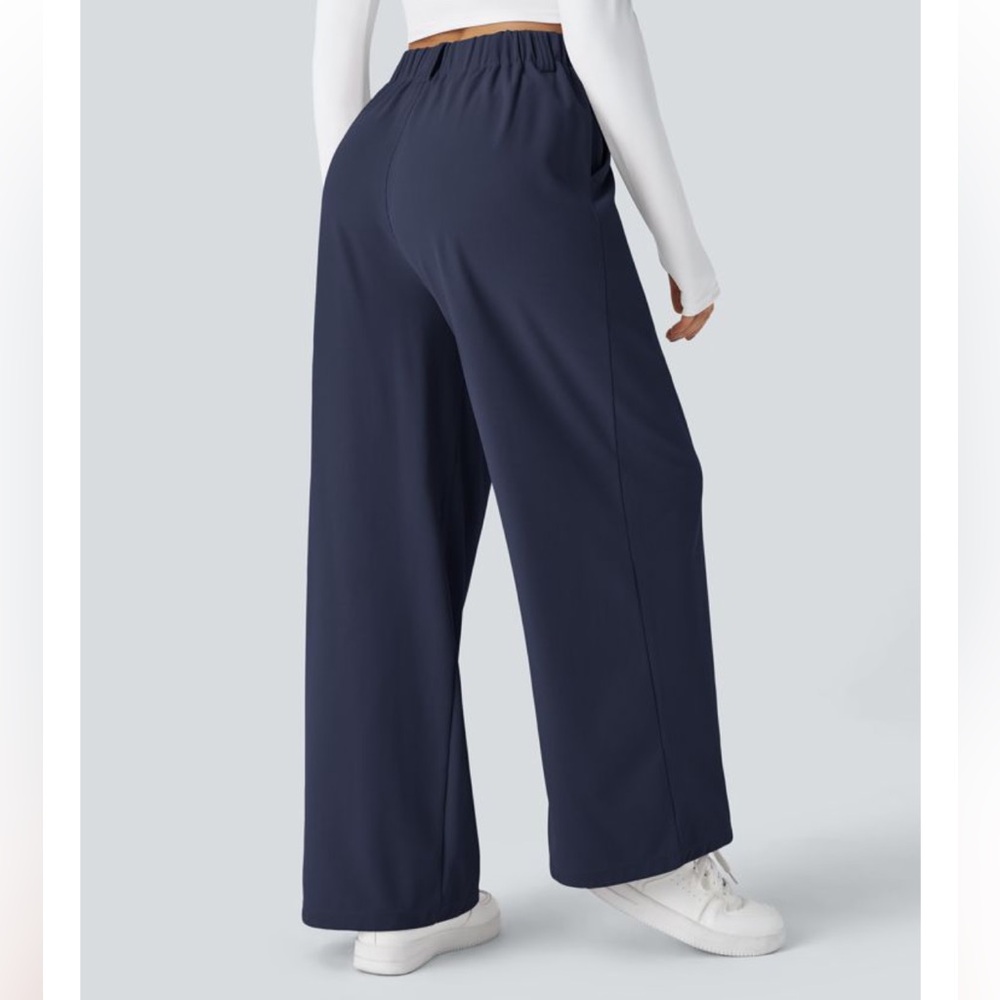 Wide Leg Navy Trousers - Classic High-Waist Pants - Picture 11 of 12